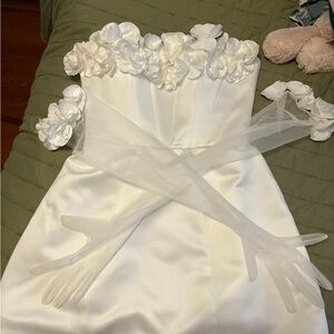 Rosie Etienne Off-Shoulder White Satin Bridal Gown with 3D Floral Bodice